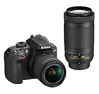 Nikon 018208015733 D3400 24.2 Megapixel Digital SLR Camera with Lens 18 mm 55 mm Lens 1 70 mm 300 mm Lens 2 Black 3 quot; LCD 16 9 3.1x 4.3x Optical Zoom Optical IS TTL 6000 x 4000 Image 1920 x 1080 V