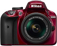Nikon D3400 24.2 Megapixel Digital SLR Camera with Lens 18 mm 55 mm Red 3 quot; LCD 16 9 3.1x Optical Zoom Optical IS TTL 6000 x 4000 Image 1920 x 1080 Video HDMI HD Movie Mode Wireless LAN 1572