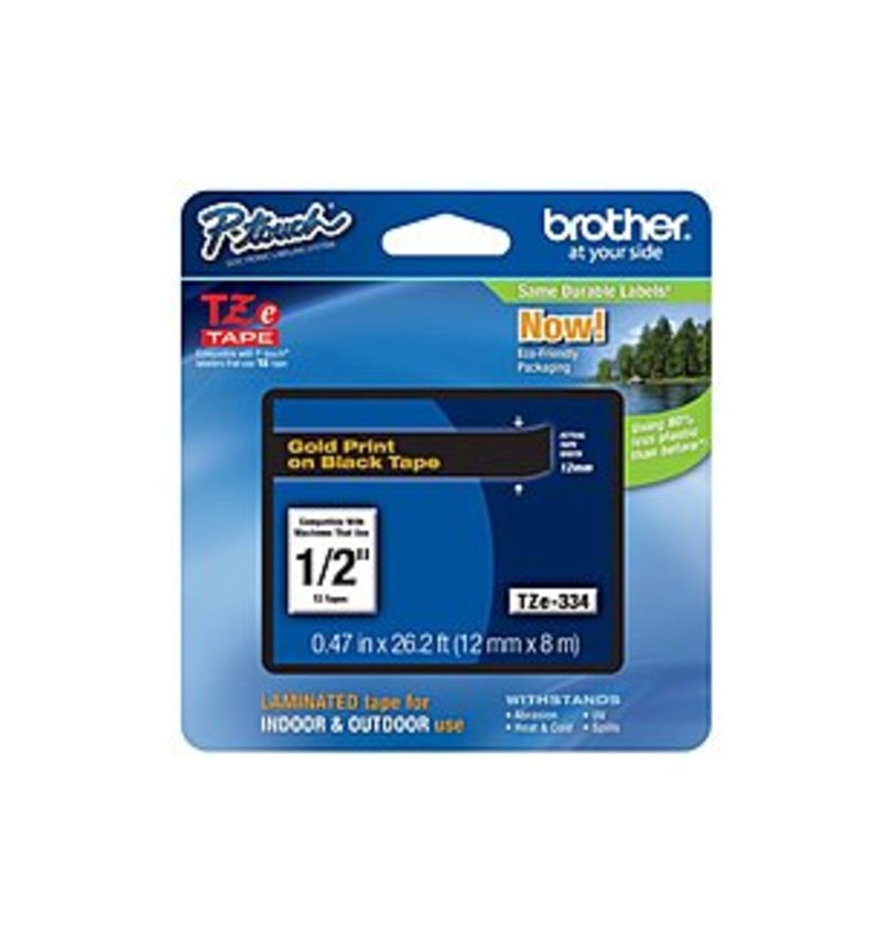 Brother TZ TZE-334 Laminated Label Tape Cartridge for Brother P-Touch 1000 - 0.5 x 315.6 inches - Gold on Black