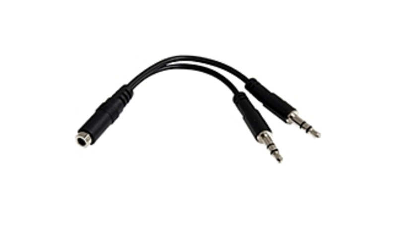 StarTech MUYHSFMM 3.5 mm Headset Splitter Adapter - 1 x 4-pin Mini-phone Female Stereo Audio, 2 x 3-pin Mini-phone Male Stereo Audio - Black