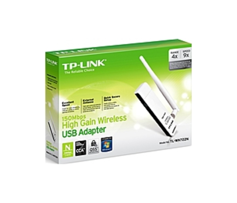 TP-LINK TL-WN722N Wireless N150 High Gain USB Adapter,150Mbps, w/4 dBi High Gain Detachable Antenna, IEEE 802.1b/g/n, WEP, WPA/WPA2 - USB - 150 Mbps -