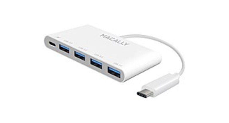 Macally UC3HUB4C 4-Port USB 3.0 Hub for MacBook and Chromebook Pixel - USB Type-C Charging Port and Connector - White