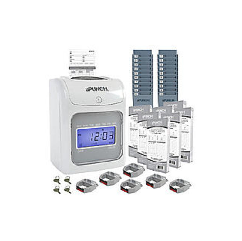 uPunch UB2000 Electronic Calculating Punch Card Time Clock Bundle with 4 x 2-Color Ribbons and Time Card Racks - Gray