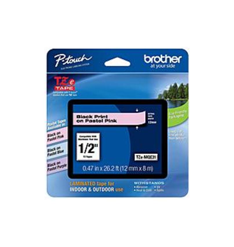 Brother TZEMQE31 1/2-inch P-Touch Standard Laminated Tape - Black on Pastel Pink