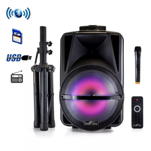 BeFree Sound BFS-1239 12-inch Bluetooth Rechargeable PA DJ Party Speaker With LED - Lithium-ion - Rechargeable - USB - TF Card - Aux - RCA