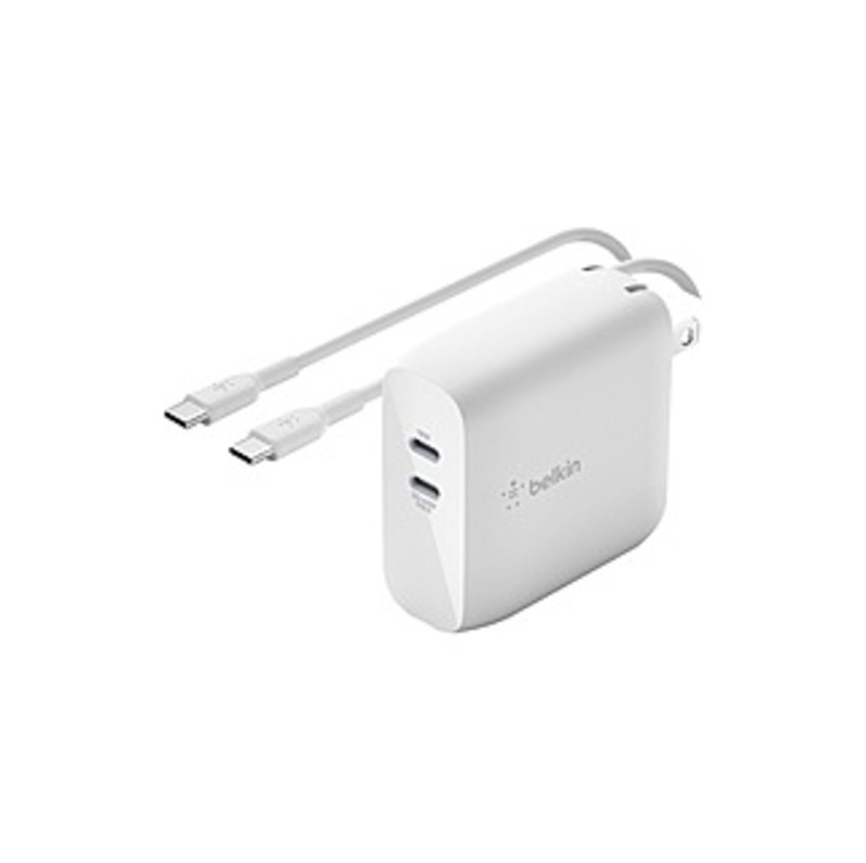 Belkin BoostCharge Dual USB-C GaN Wall Charger 68W And USB-C Cable Laptop Chromebook Charging - Power Adapter - 68 W - White